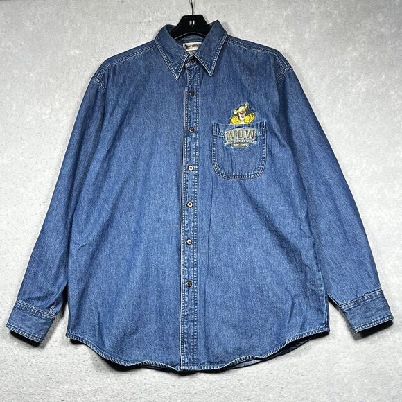 Vintage Disney Denim Shirt Mens Medium Blue Winnie The Pooh Tiger Long Sleeve - Picture 1 of 12